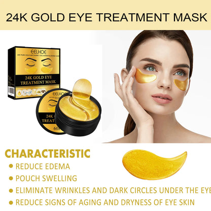 24K Gold Eye Treatment Mask Remove Dark Eye Circles Firming Fade Fine Lines Anti-Aging Hyaluronic Acid Collagen Under Eye Mask