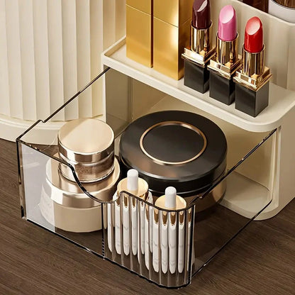 360° Rotating Makeup Organizer with Brush Holder & Drawer Desktop Large Capacity Skincare Cosmetic Tools Lipstick Display Cases