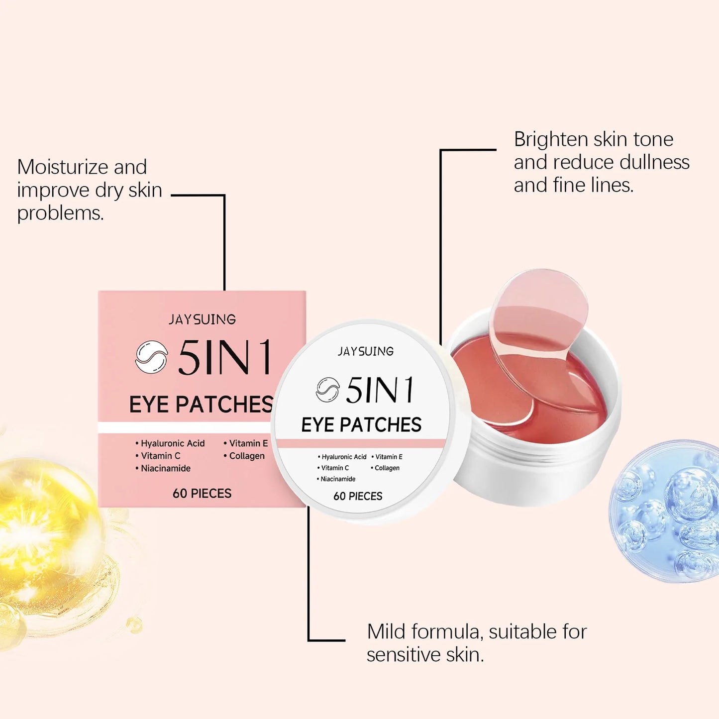 60pcs Pink Rice Collagen Eye Mask Anti Dark Circles Eyes Bags Remover Firming Moisturizing Eye Patches Mild Skin Care Eyes Care