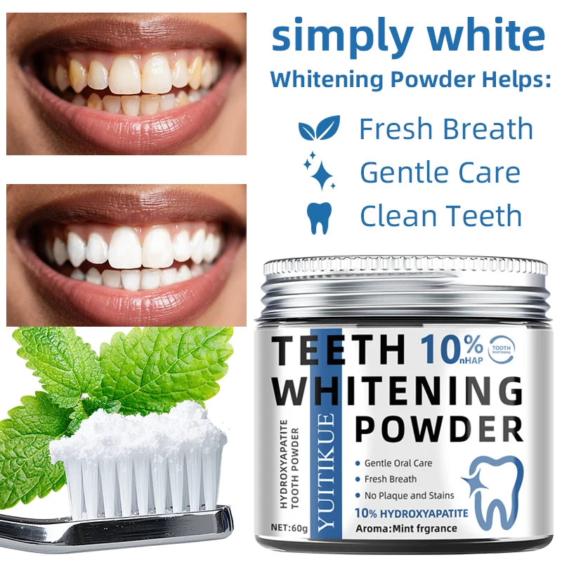 Professional 10% Hydroxyapatite Tooth Powder for Whitening & Deep Cleaning, Mint Fresh Breath, 60g