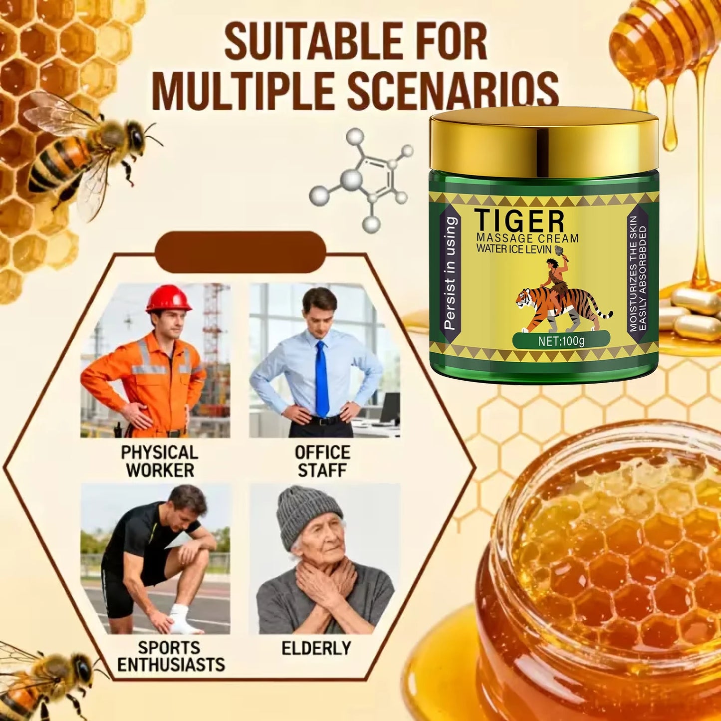Tiger Massage Cream Moisturizes the Skin; Easily Absorbed. Persistent Soothing; Deeply Nourishing. Water Ice Levin. Net 100g.