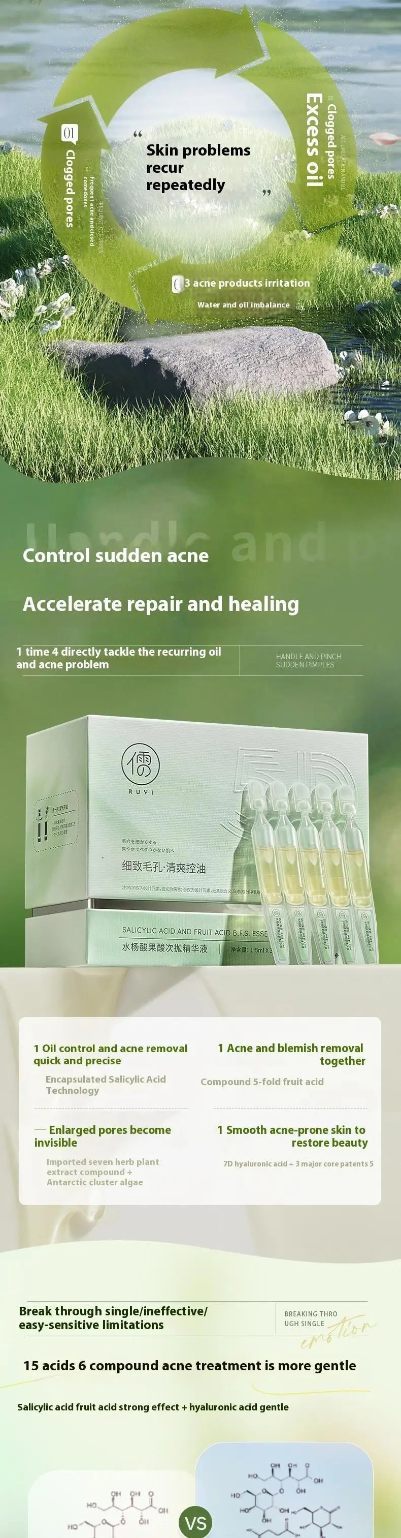 RUYI Salicylic acid and glycolic acid essence repair acne, fade acne marks, shrink enlarged pores and facial closure