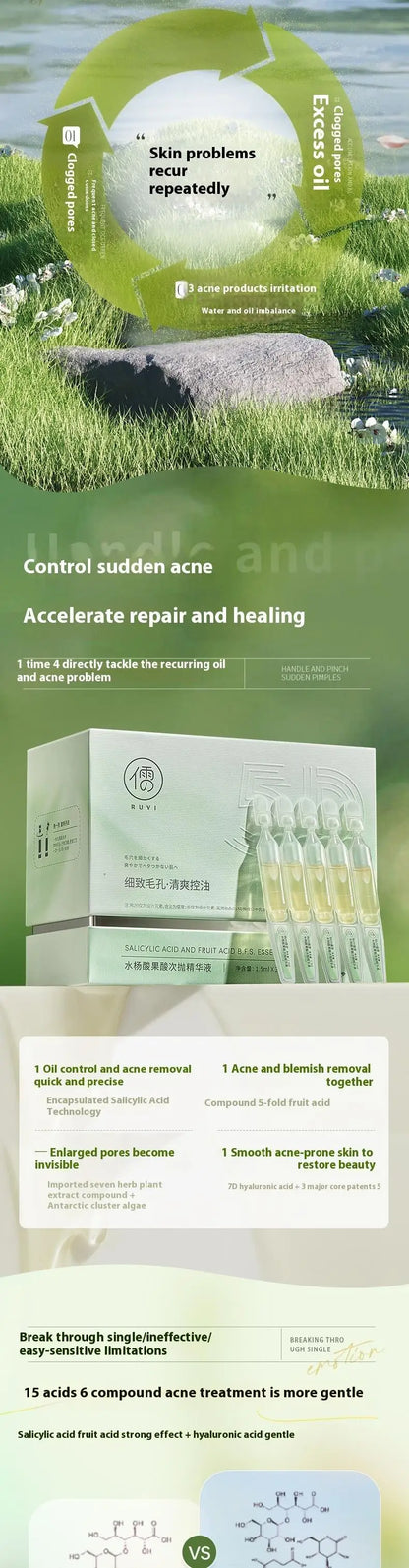 RUYI Salicylic acid and glycolic acid essence repair acne, fade acne marks, shrink enlarged pores and facial closure