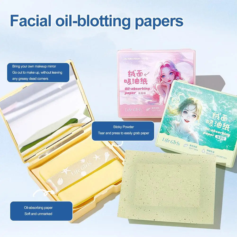 100pcs Matte Oil Blotting Papers with Powder Puff with  Case Mirror Portables Refreshing Facial Oil Blotting Sheets Paper Makeup