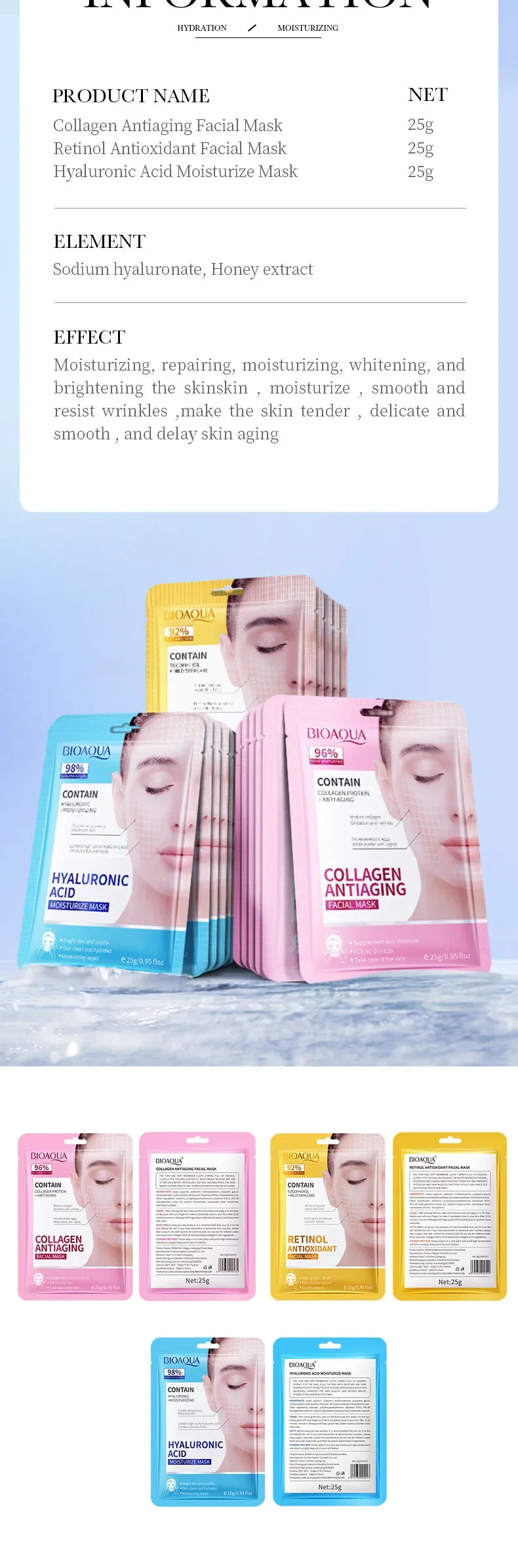 b 15pcs BIOAQUA Retinol Collagen Anti Wrinkle Facial Masks Moisturizing Anti-aging whitening Face Mask Facial Skin Care Products