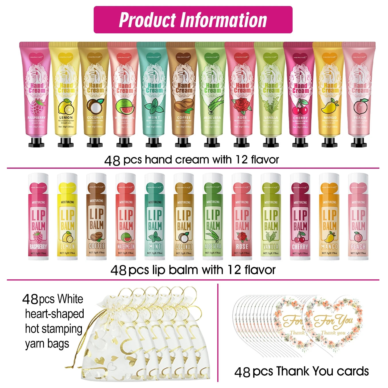 Gift set 48 sets/box, 12 kinds of scented lip balm and hand cream set with mesh bag and thank you card party gift