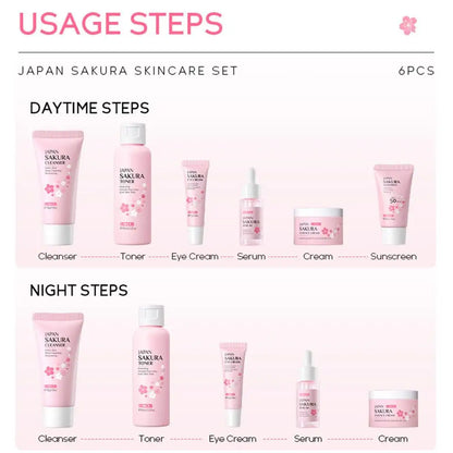 6pcs Sakura Skin Care Set Hydrating Moisturing Smoothing Nourishing Brightening Firming Women Beauty Skincare Product