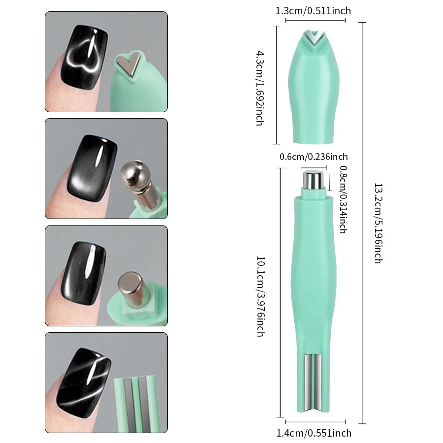 RSNAIL 4 in 1 Cat Eye Nail Magnet 3D Love Heart Nail Magnet Tool Green Multifunctional Nail Magnetic Stick for DIY Gel Polishing