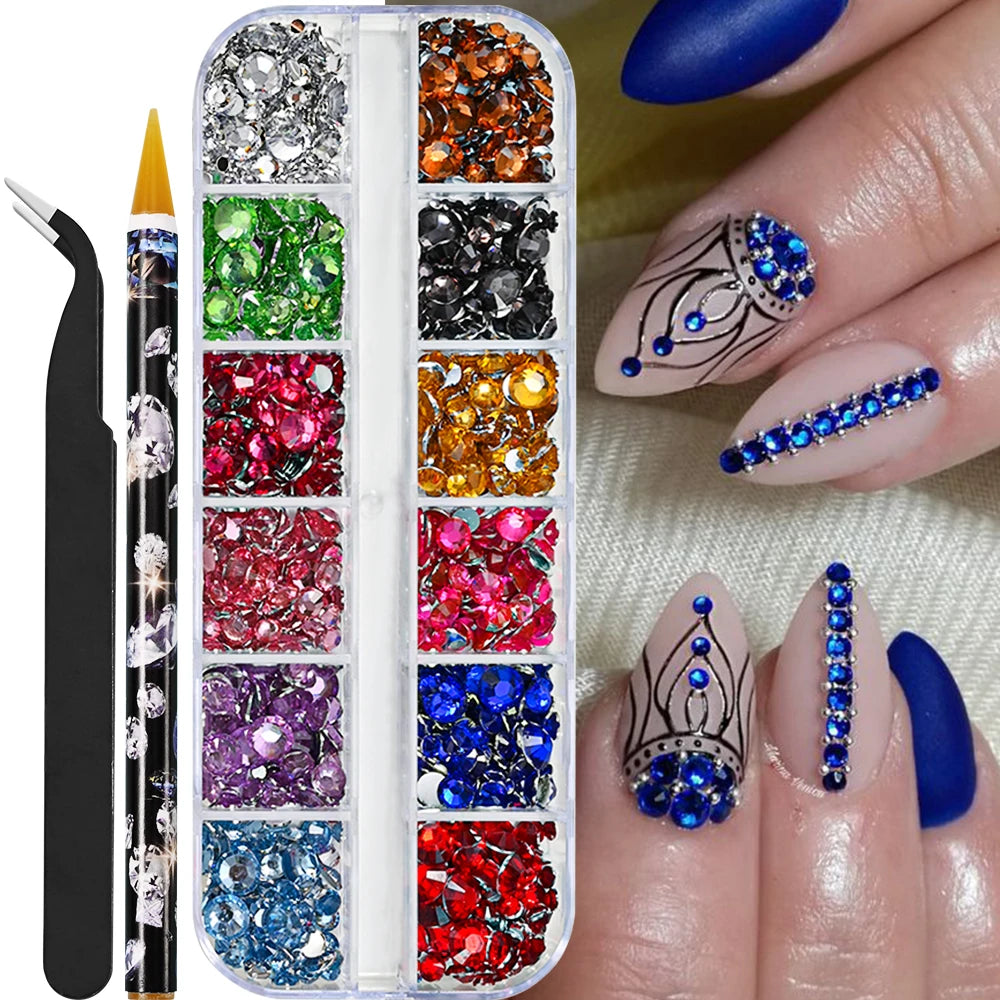 12Grids Mixed-Shape Crystal Nail Art Rhinestones Pink/Red Flatback Nail Gems Luxury Diamond Glass Stones Manicure Decoration