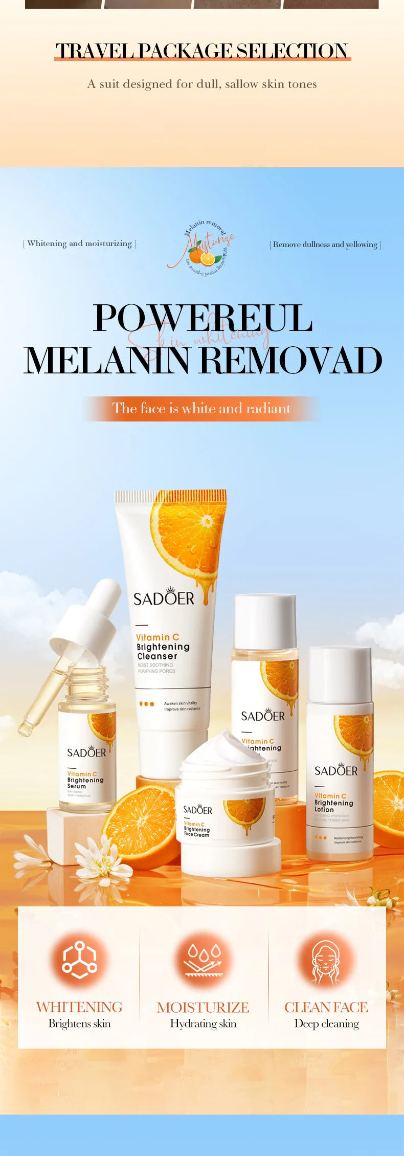 Orange Vitamin C Brightening Travel Kit 5-Piece – Hydrating Radiance-Boost Skincare Set for Fast Glow & Daily Moisture