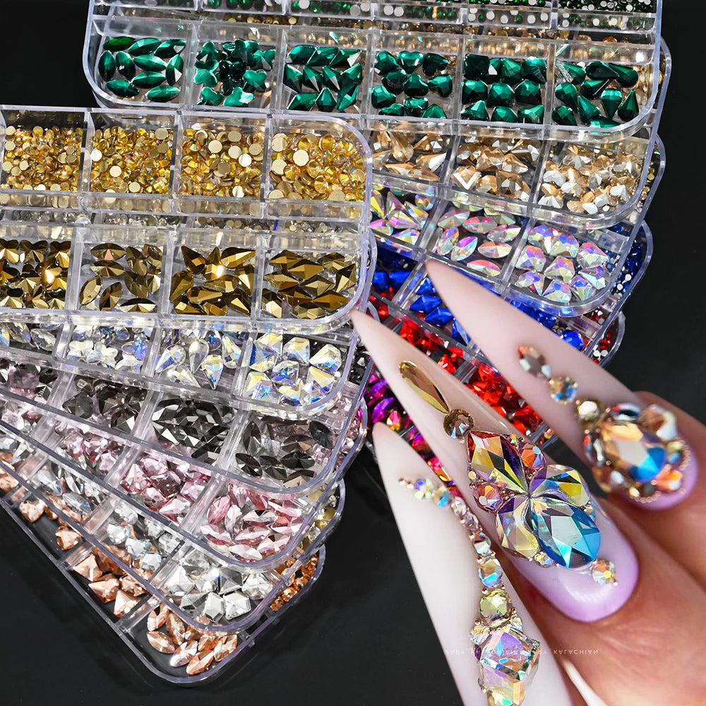 12Grids Mixed-Shape Crystal Nail Art Rhinestones Pink/Red Flatback Nail Gems Luxury Diamond Glass Stones Manicure Decoration