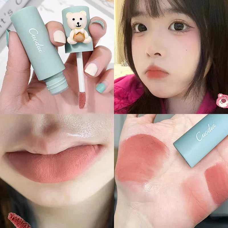 Girl's Velvet Matte Lipstick Blush Waterproof Long Lasting Cute Bear Lipgloss Non-Stick Cup Makeup Lip Tint Mud Cosmetic Makeup
