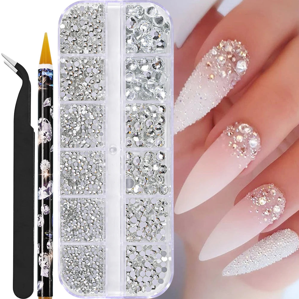 12Grids Mixed-Shape Crystal Nail Art Rhinestones Pink/Red Flatback Nail Gems Luxury Diamond Glass Stones Manicure Decoration
