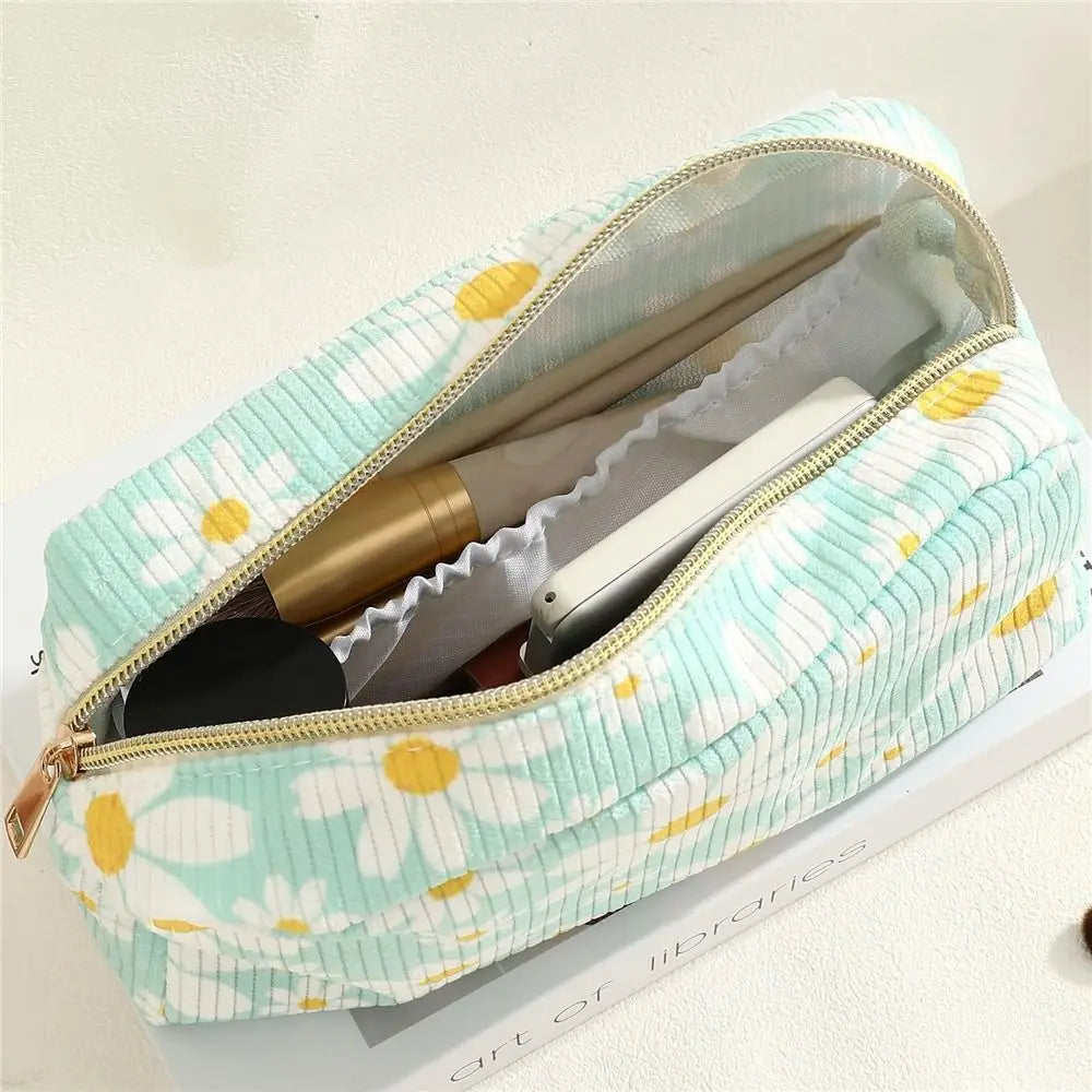 Trendy Large Capacity Corduroy Makeup Bag Travel Printed Toiletry Organizer Bag Makeup Brush Skincare Storage Bag for Women