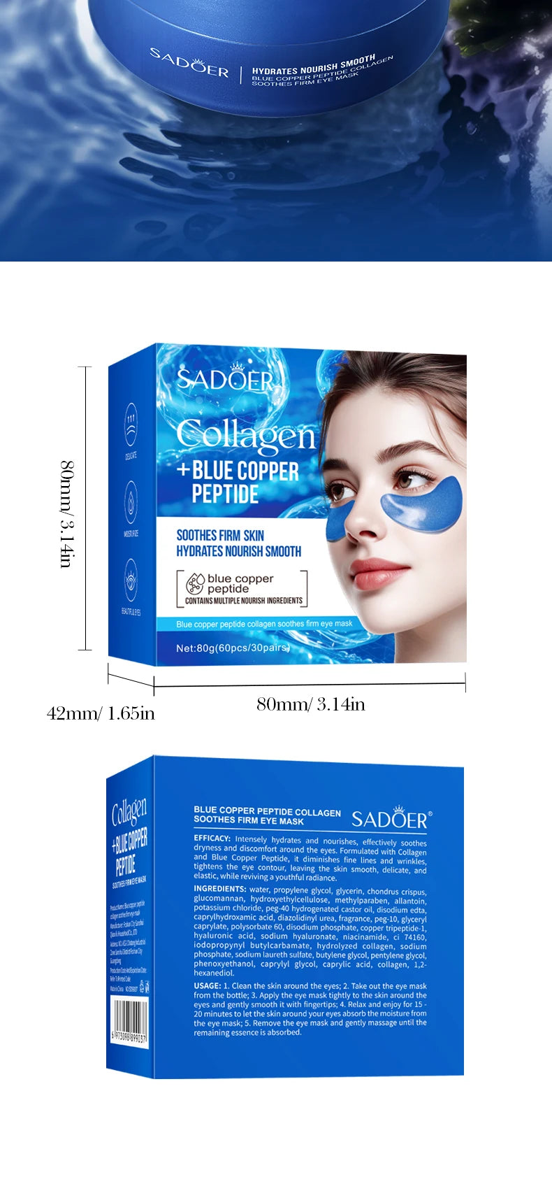 SADOER Collagen Eye Mask Caffeine Crystal Anti Dark Circles Eye Bag Remover Moisturizing Anti-aging Eye Patches Skin Eye Care