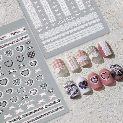 1pc Retro White Lace Bowknot Rose 5D Embossed Reliefs Heart Self Adhesive Nail Art Stickers Vintage Grid Pattern Manicure Decals
