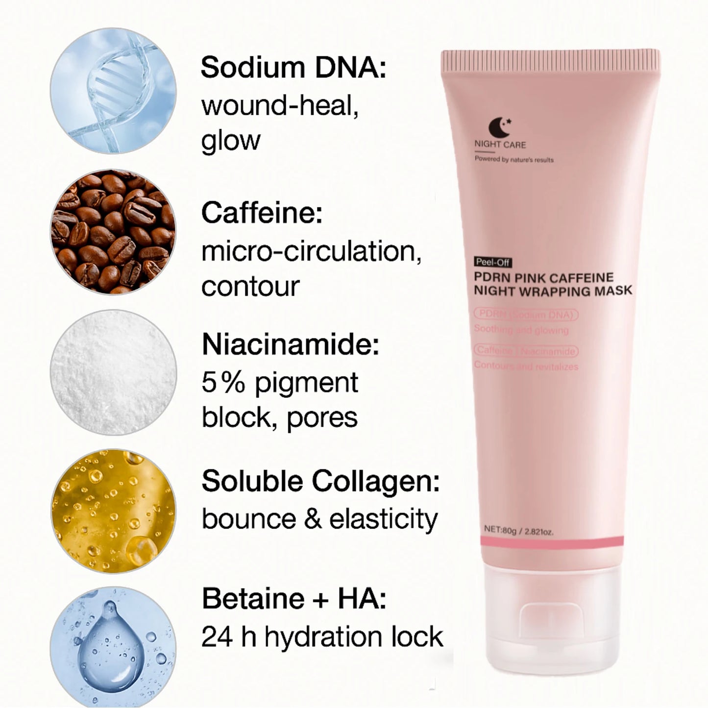 PDRN Caffeine Night Wrapping Peel Off Facial Mask for Firming, Depuffing& Hydration Salmon DNA + Caffeine + Collagen For Refined
