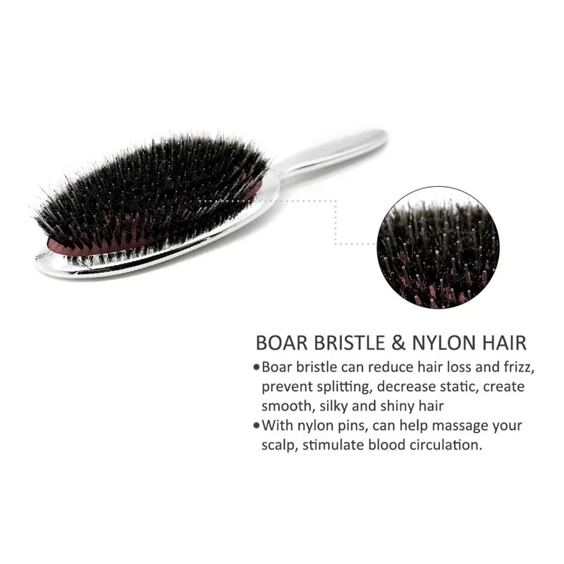 Premium Gold And Silver Boar Bristle Hair Brush Oval Paddle Anti Static Massage Comb For Hair Growth And Styling