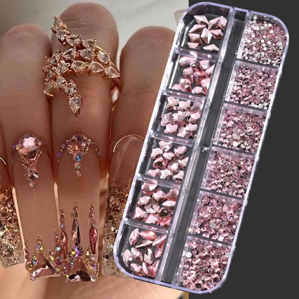 12Grids Mixed-Shape Crystal Nail Art Rhinestones Pink/Red Flatback Nail Gems Luxury Diamond Glass Stones Manicure Decoration