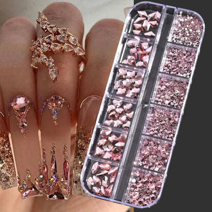 12Grids Mixed-Shape Crystal Nail Art Rhinestones Pink/Red Flatback Nail Gems Luxury Diamond Glass Stones Manicure Decoration
