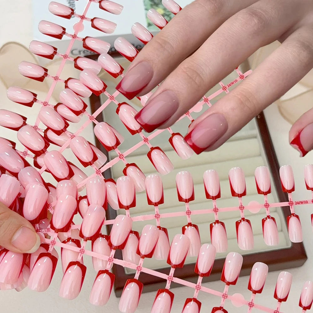120Pcs Short Square Red French Valentine's Day Fake Nails Nude Pink Glossy Acrylic False Nails Simple Wearable Press on NailTips