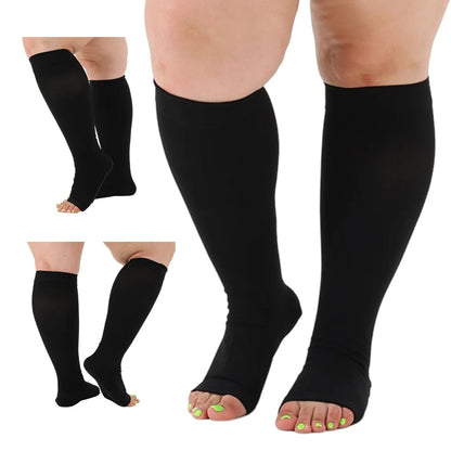 Legbeauty Plus Size Compression Socks Women Wide Calf Open Toe Graduated Medical Support Stockings Toeless Flight Pressure Socks