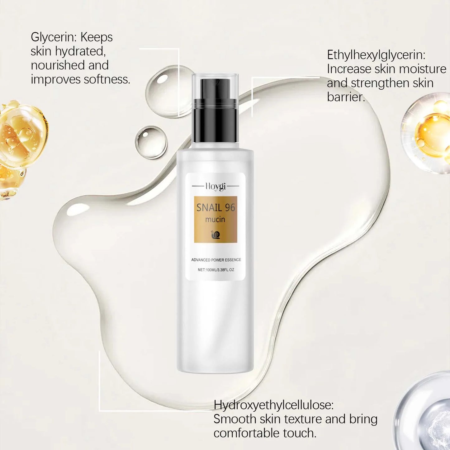 HOYGI Snail Mucin Essence Hydrating Soothing Reduce Fine Lines Deep Moisturizing Revitalize Dull Skin Gentle for All Skin Types