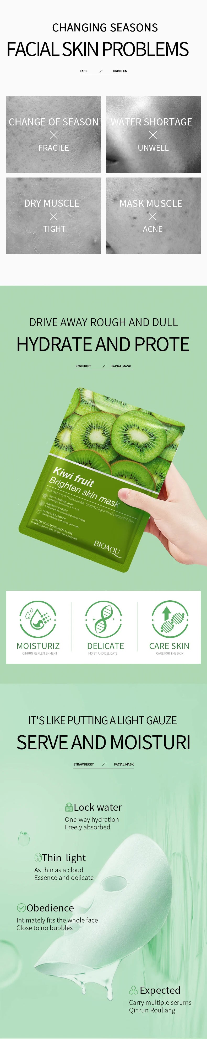 8pcs BIOAQUA Fruit Face Mask Moisturizing Facial skincare Anti-aging Whitening Facial Masks Face Sheet Mask Skin Care Products