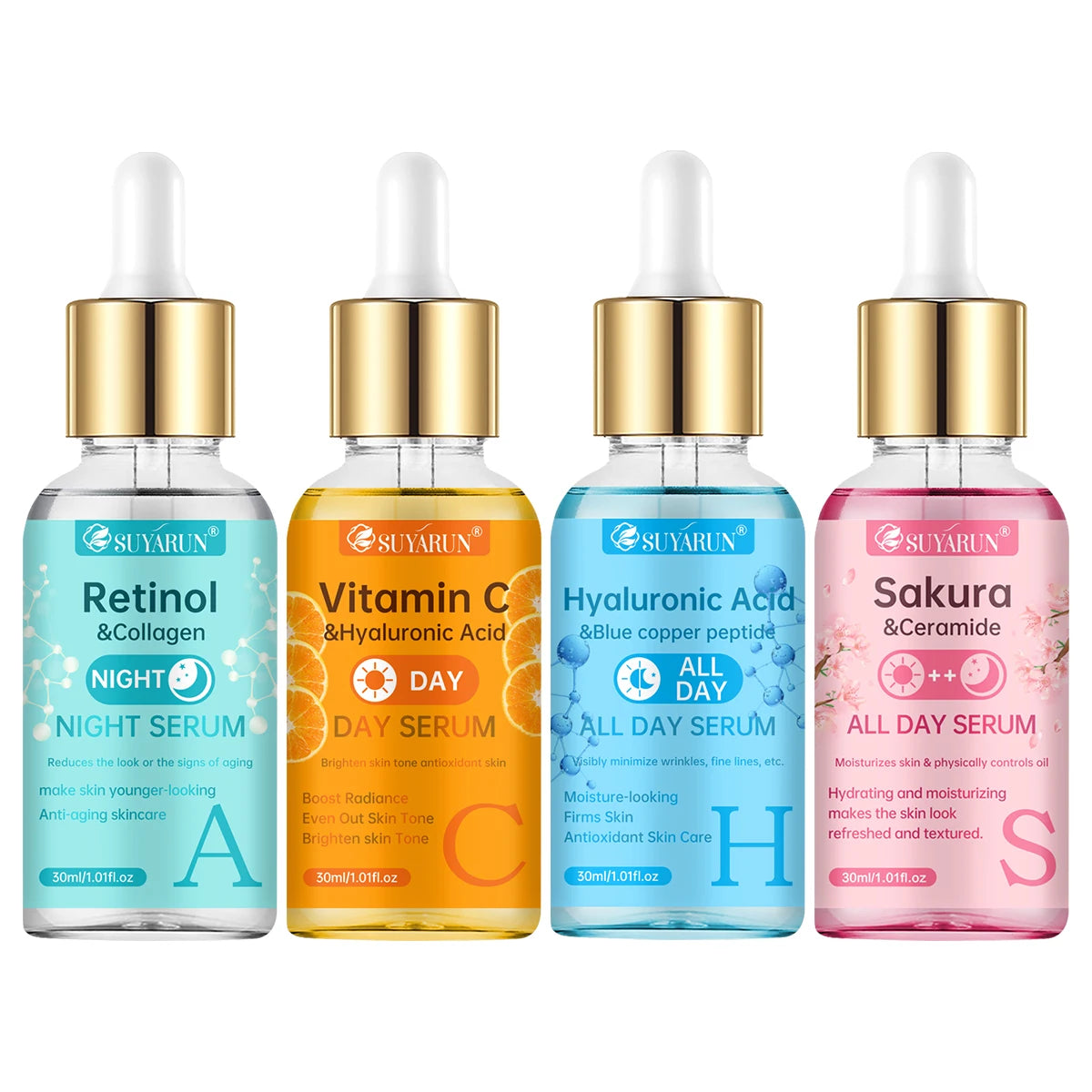 SUYARUN 24H Hydrating Serum ACHS 4-Piece Set – All-Day Moisturizing Facial Essence with Hyaluronic Acid & Vitamins | Anti-Aging