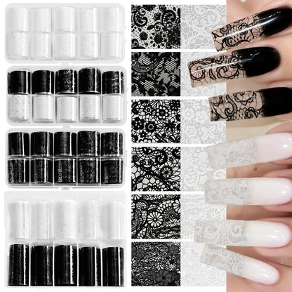 10 Rolls 2.5*50cm Black White Lace Nail Transfer Foil Lace Flower Nail Art Sexy Full Wraps Floral Transfer Paper Nail Decoration