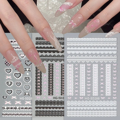 1pc Retro White Lace Bowknot Rose 5D Embossed Reliefs Heart Self Adhesive Nail Art Stickers Vintage Grid Pattern Manicure Decals