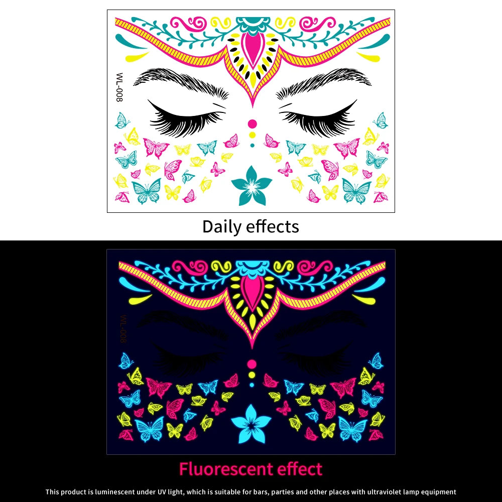 28Pcs Gold Glitter Powder Fluorescent Waterproof Face Tattoo 14x15cm Butterfly/Flowers Makeup Sticker DIY Party Neon Face Decal