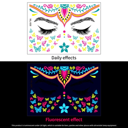 28Pcs Gold Glitter Powder Fluorescent Waterproof Face Tattoo 14x15cm Butterfly/Flowers Makeup Sticker DIY Party Neon Face Decal