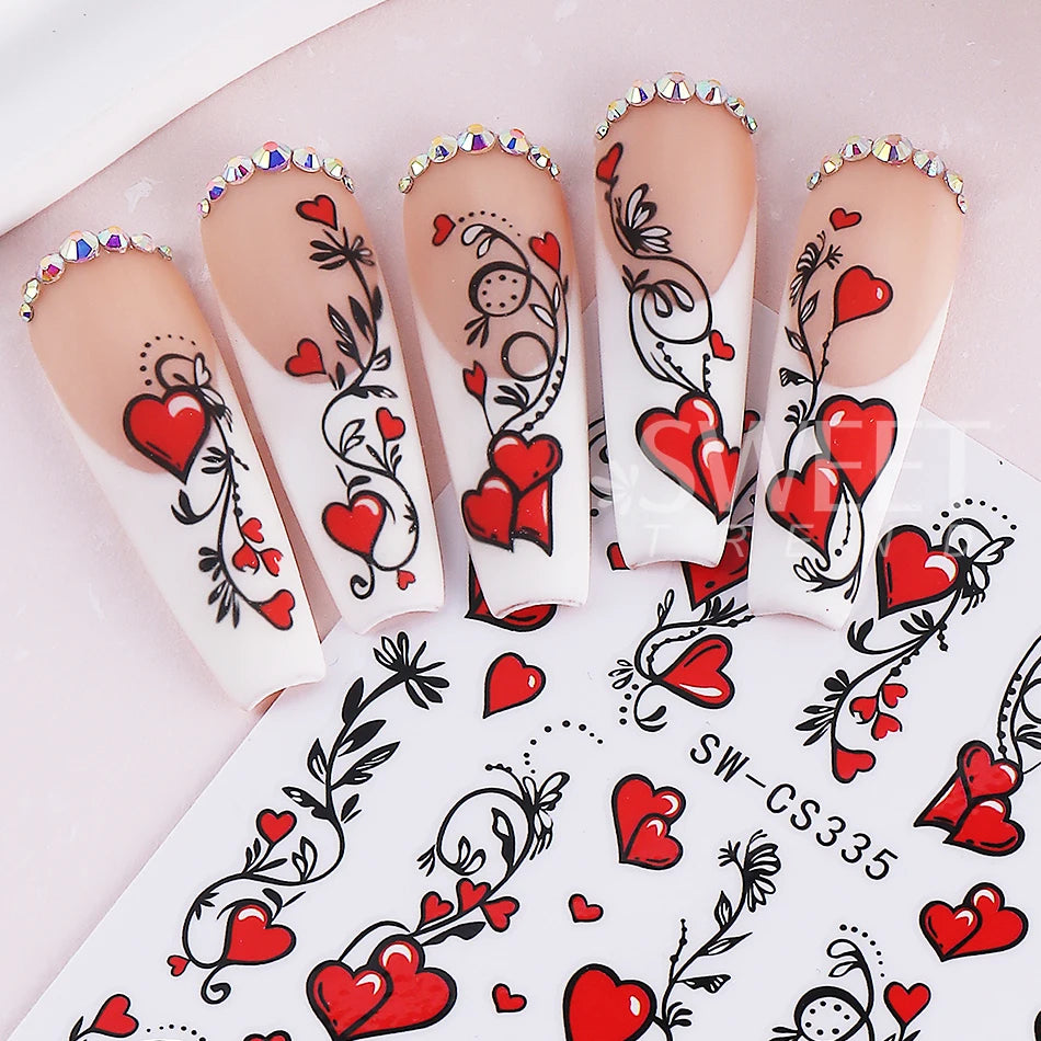 3pcs Valentine's Nail Art Stickers Red Love Heart Petals Leaf Simple Line Adhesive Nail Decals DIY Manicure Decoration Sliders