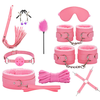 BDSM Bondage Restraint Kit 10 Pieces Drawstrings Collars Eye Masks Mouth Balls Whips Cotton Ropes Nipple Clamps Rope for Couple