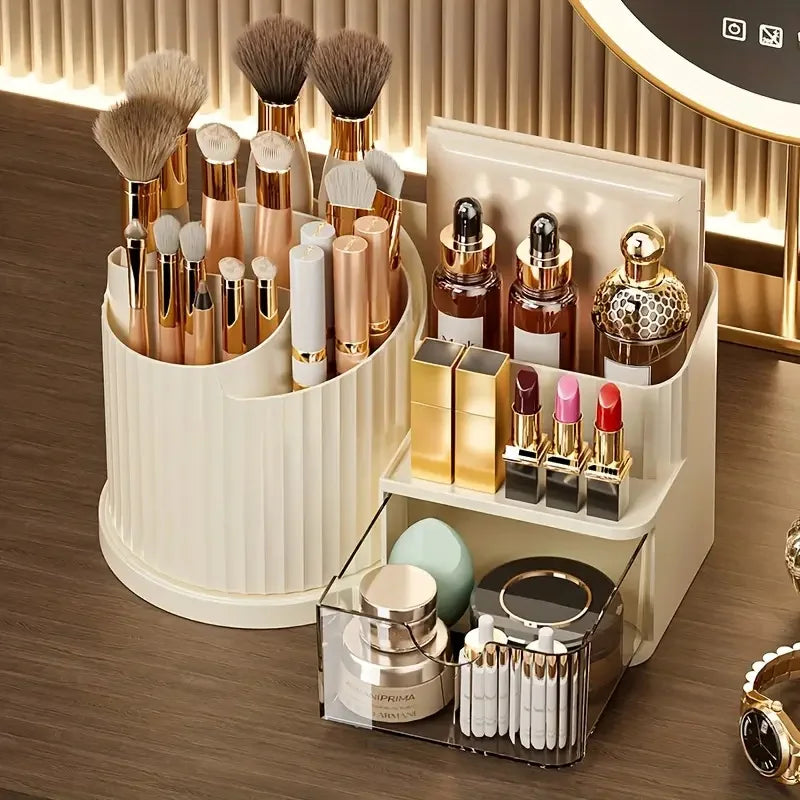 360° Rotating Makeup Organizer with Brush Holder & Drawer Desktop Large Capacity Skincare Cosmetic Tools Lipstick Display Cases