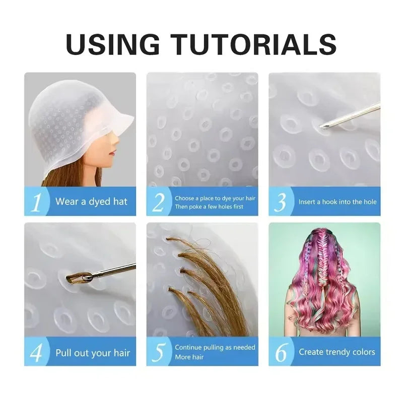 2Set Silicone Hair Coloring Cap Reusable Highlight Cap Frosting Cap with Hook Needle Professional Hair Salon Tools Dyeing Kit