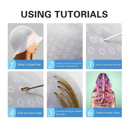 2Set Silicone Hair Coloring Cap Reusable Highlight Cap Frosting Cap with Hook Needle Professional Hair Salon Tools Dyeing Kit