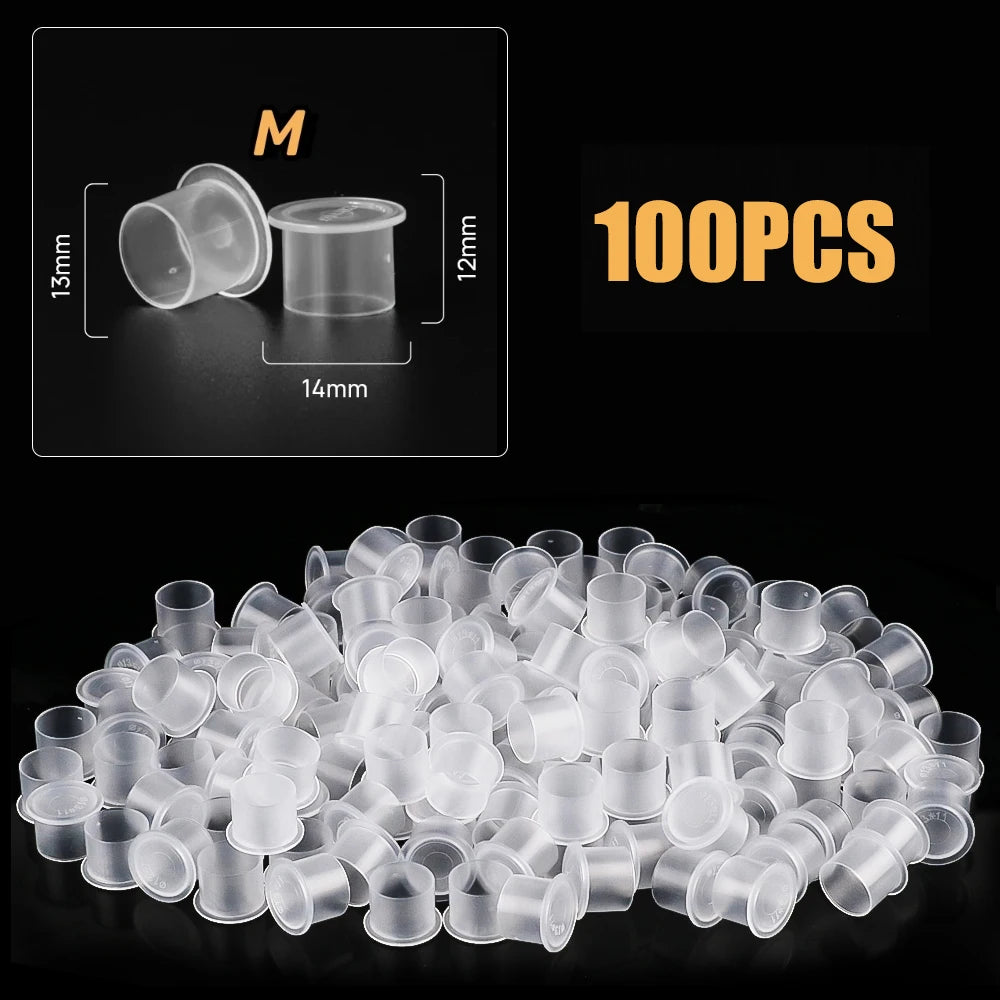 100Pcs Disposable Tattoo Ink Cups with Base - 4 Sizes Clear Plastic Pigment Caps for Tattoo Supplies PMU