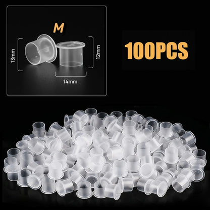 100Pcs Disposable Tattoo Ink Cups with Base - 4 Sizes Clear Plastic Pigment Caps for Tattoo Supplies PMU