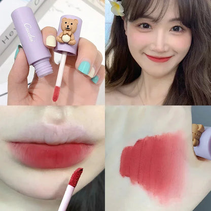 Girl's Velvet Matte Lipstick Blush Waterproof Long Lasting Cute Bear Lipgloss Non-Stick Cup Makeup Lip Tint Mud Cosmetic Makeup