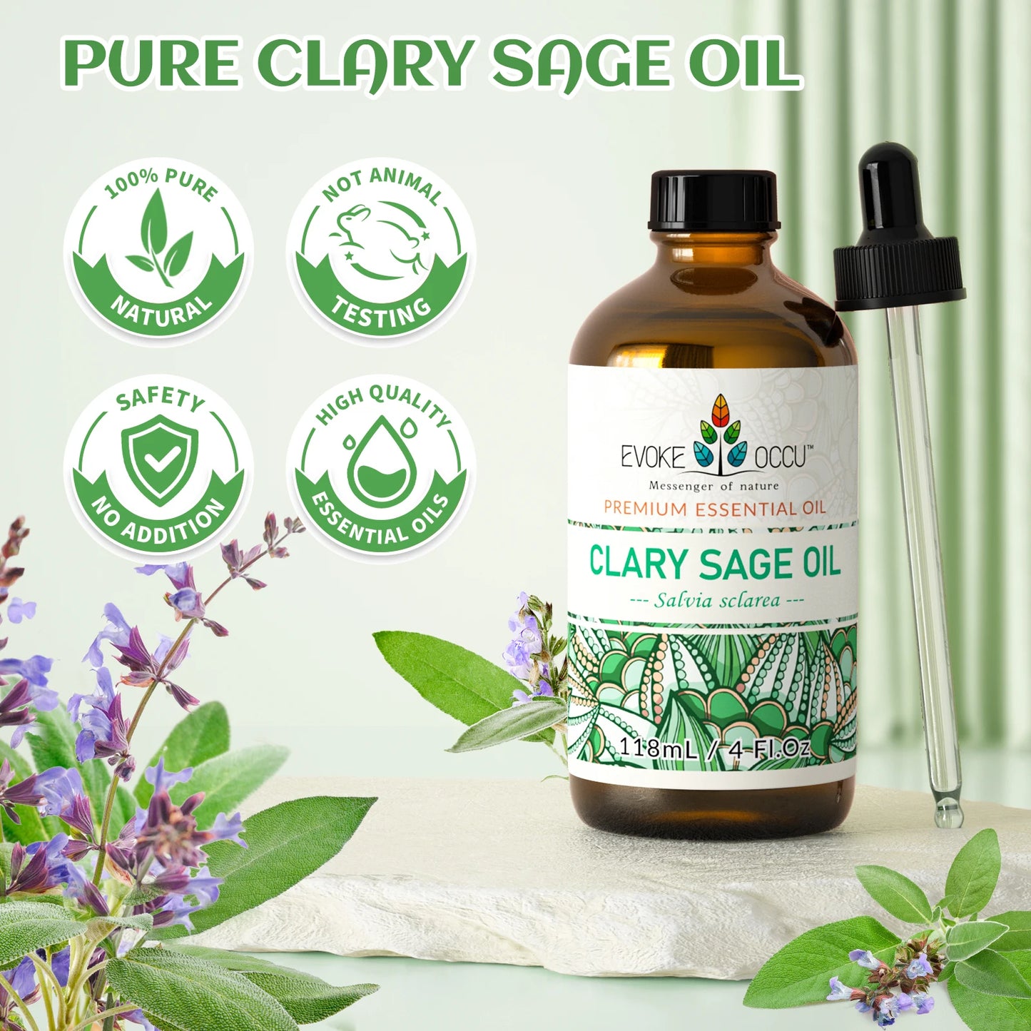 EVOKE OCCU Clary Sage Essential Oils, 118ML/4 Fl.Oz. Premium Plant Oil for Diffuser Humidifier DIY Candle Soap Making Massage