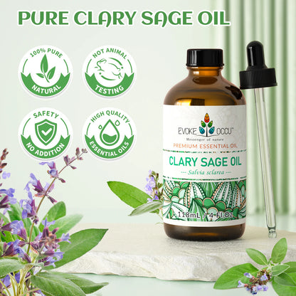 EVOKE OCCU Clary Sage Essential Oils, 118ML/4 Fl.Oz. Premium Plant Oil for Diffuser Humidifier DIY Candle Soap Making Massage