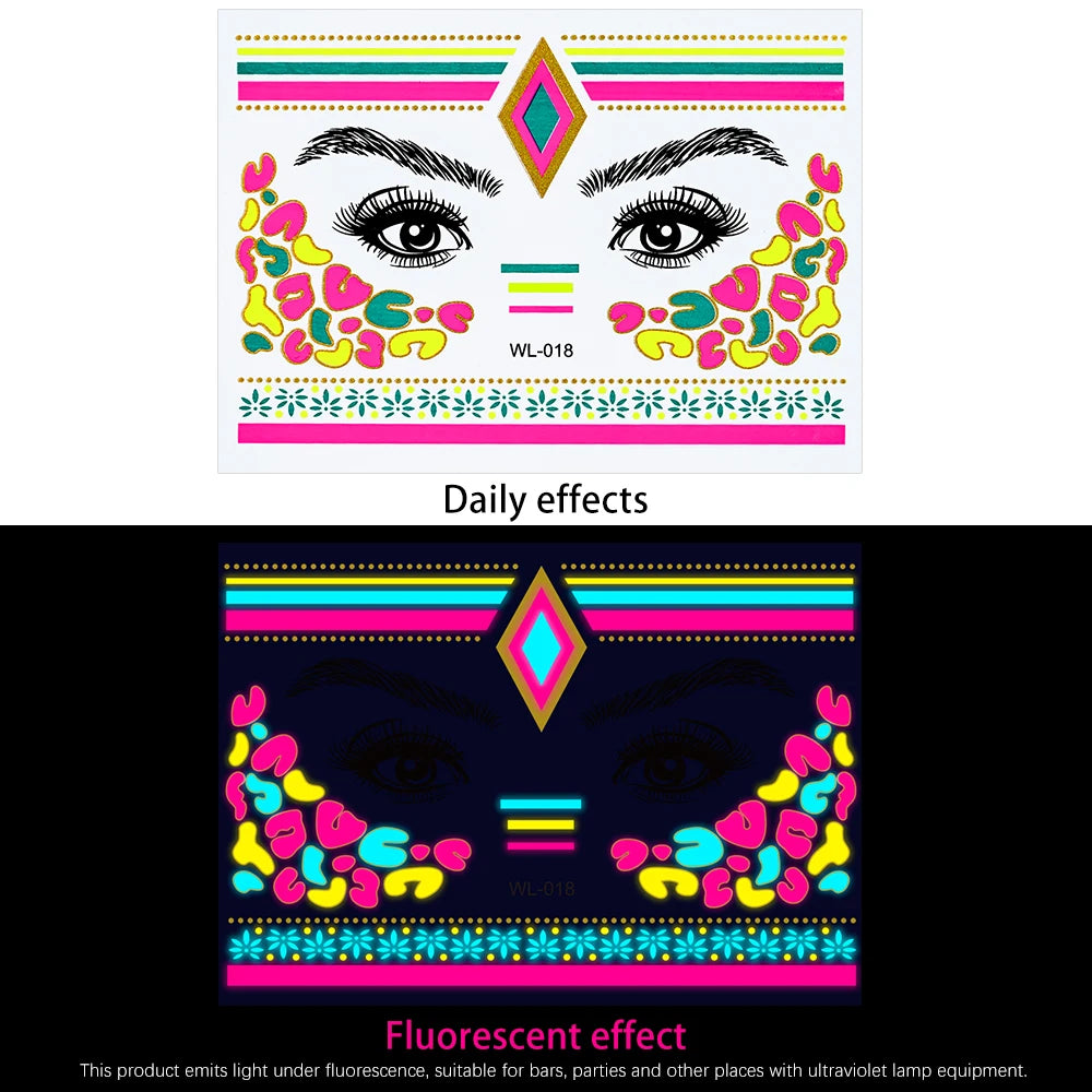 28Pcs Gold Glitter Powder Fluorescent Waterproof Face Tattoo 14x15cm Butterfly/Flowers Makeup Sticker DIY Party Neon Face Decal