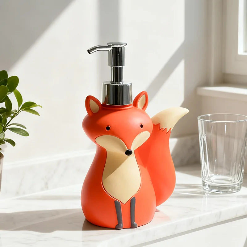 Cute Fox Soap Dispenser Bottle Refillable Cartoon Animal Design for Hand Soap, Shampoo, Shower Gel, Kids Bathroom Decoration