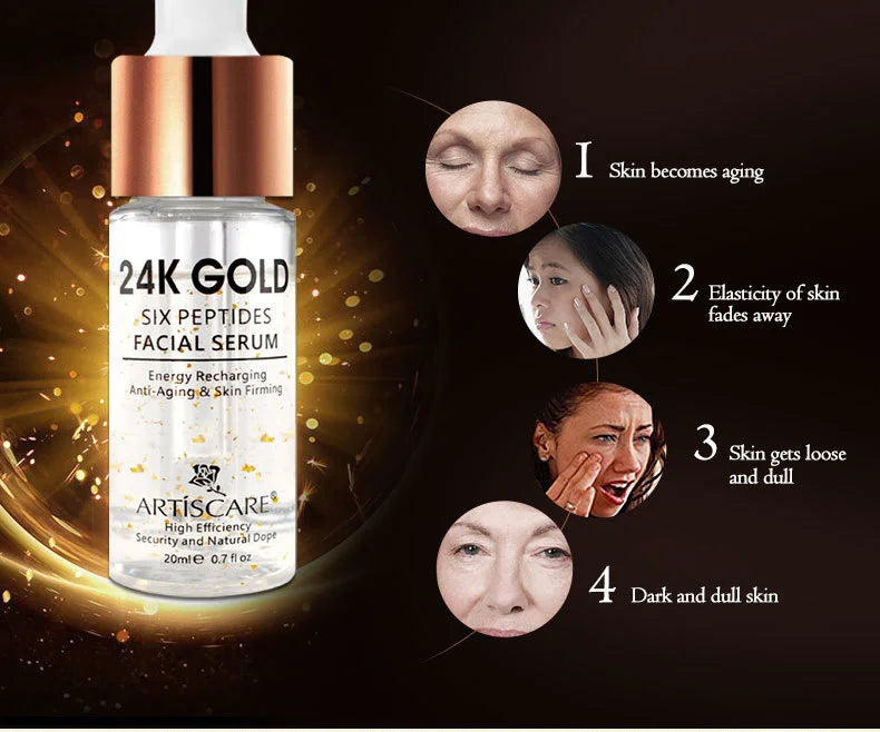 ARTISCARE 24k gold serum six peptides 20ml whitening moisturizing hyaluronic acid serum for face anti wrinkles facial skin care