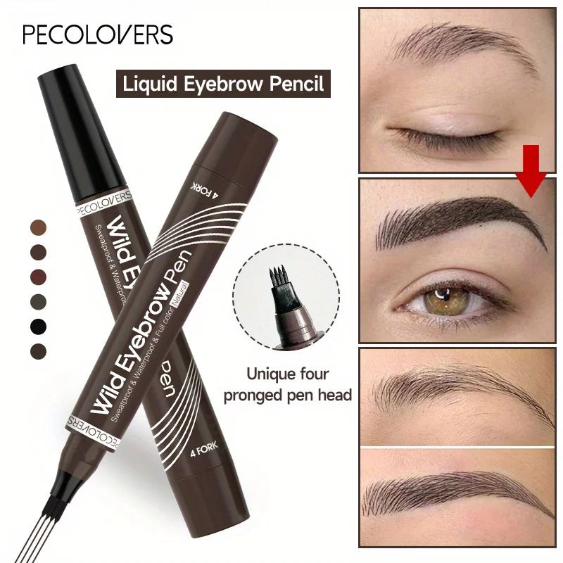 4 Forks Eye Brow Pen, 5 Color Natural Matte Liquid Tint Makeup Long Lasting Waterproof Eyebrow Smudge Proof Cosmetic