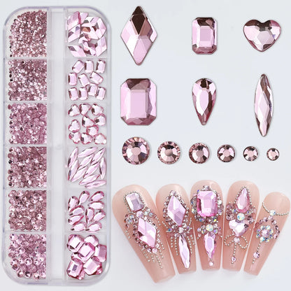 12Grids Mixed-Shape Crystal Nail Art Rhinestones Pink/Red Flatback Nail Gems Luxury Diamond Glass Stones Manicure Decoration