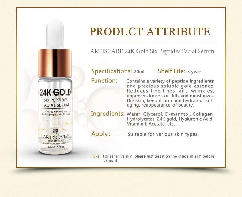 ARTISCARE 24k gold serum six peptides 20ml whitening moisturizing hyaluronic acid serum for face anti wrinkles facial skin care