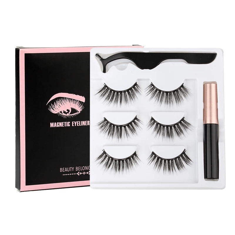 Hot 1/3Pairs Magnetic Eyelashes Soft False Lashes Repeated Use Mink Lashes Waterproof Liquid Eyeliner Tweezer Eyelash Makeup Set